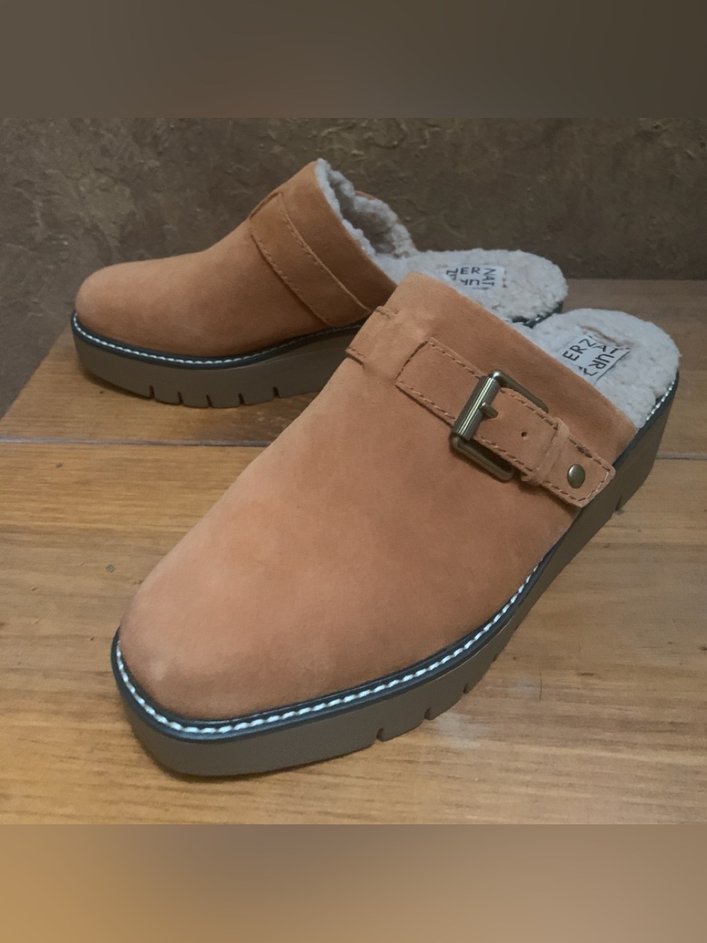 Naturalizer Wayde Women's Suede Platform Clogs in Golden Maple with Buckle